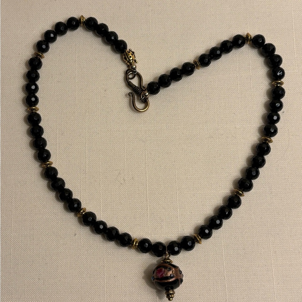 Elegant Black Faceted Beaded Necklace with Japanese Style Cloissone Pendant